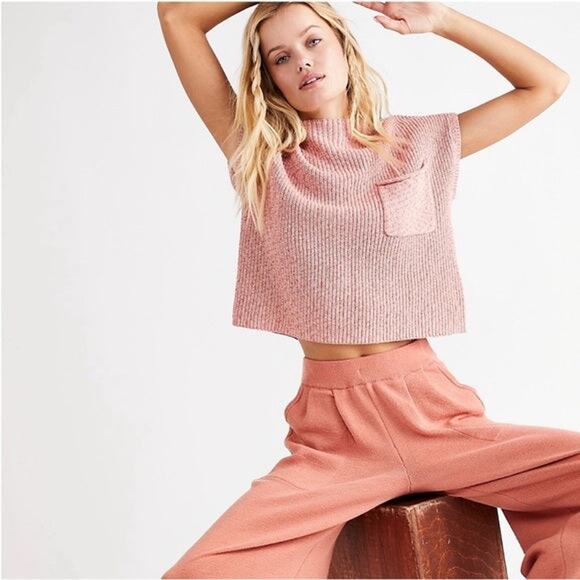 Free People Womens Pink Freya Short Sleeve Sweater - Size L New - Picture 1 of 7